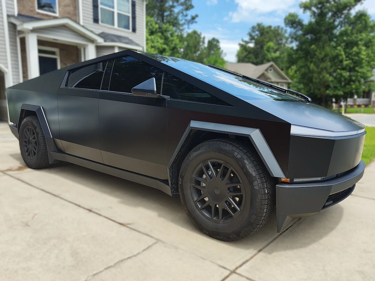 Satin black wrap on a Tesla Cybertruck — Austin TX